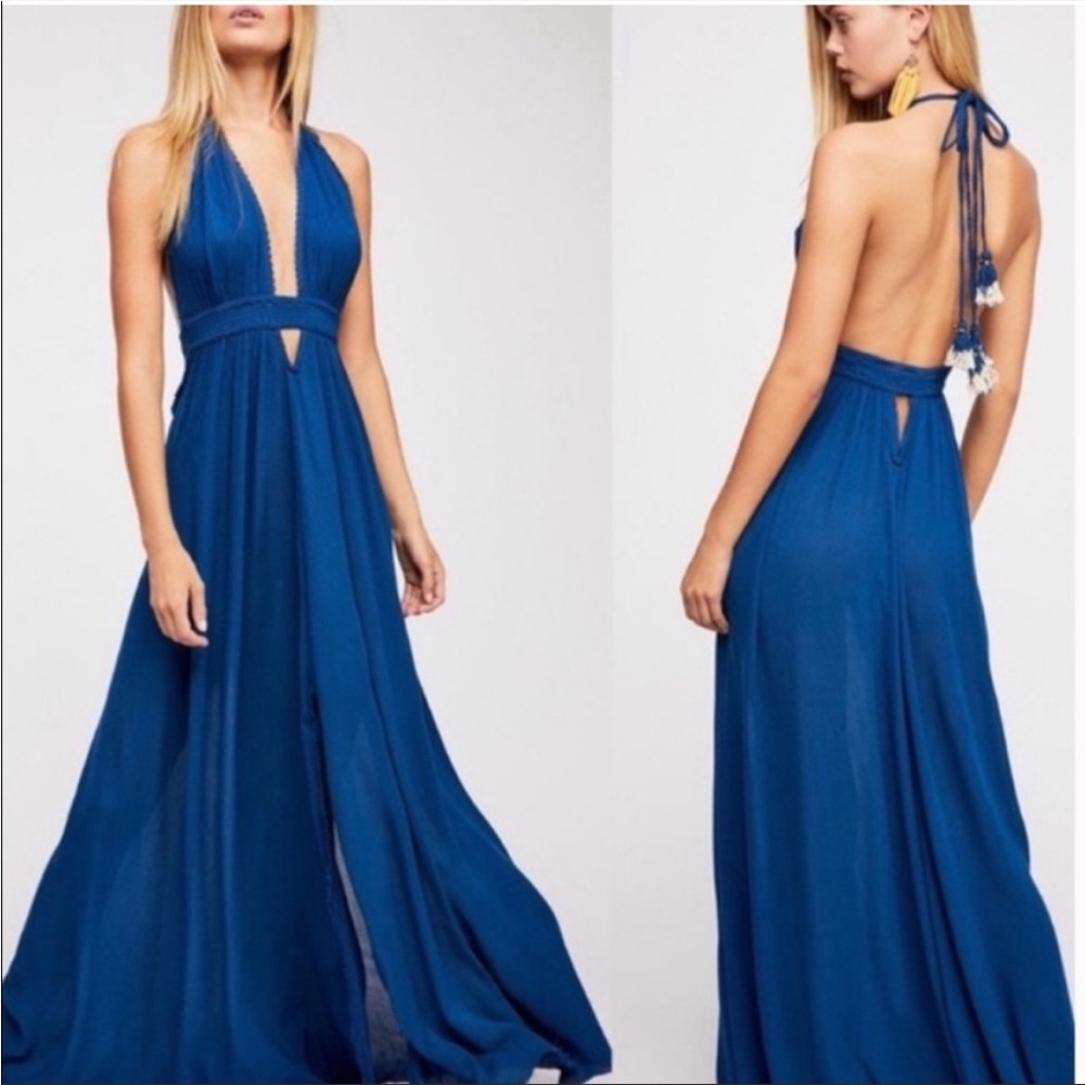 Free People Navy Blue Look Into The Sun Gauzy Boho Maxi Dress